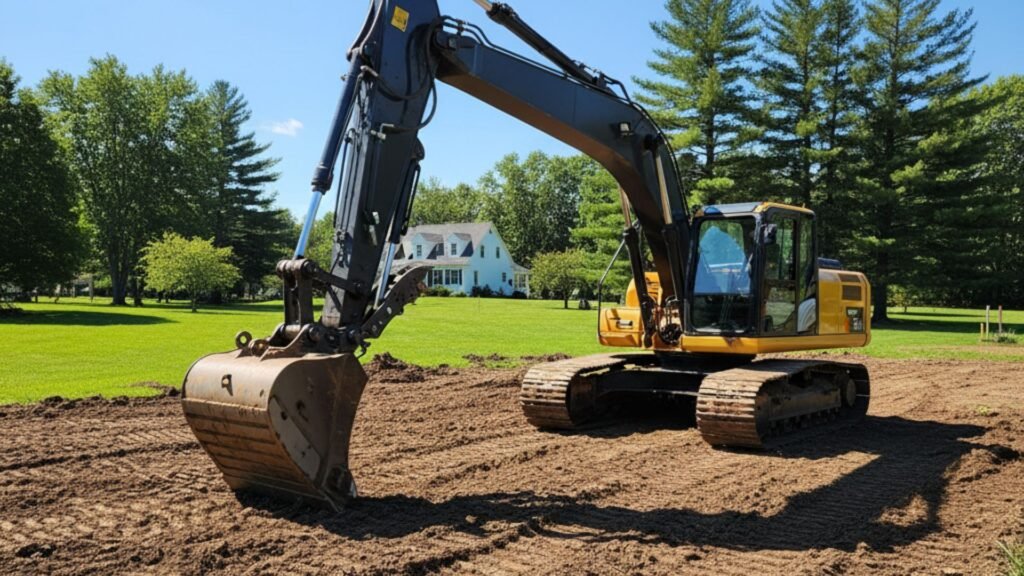 Construction excavator on worksite with green field backdrop in Wolcott Connecticut