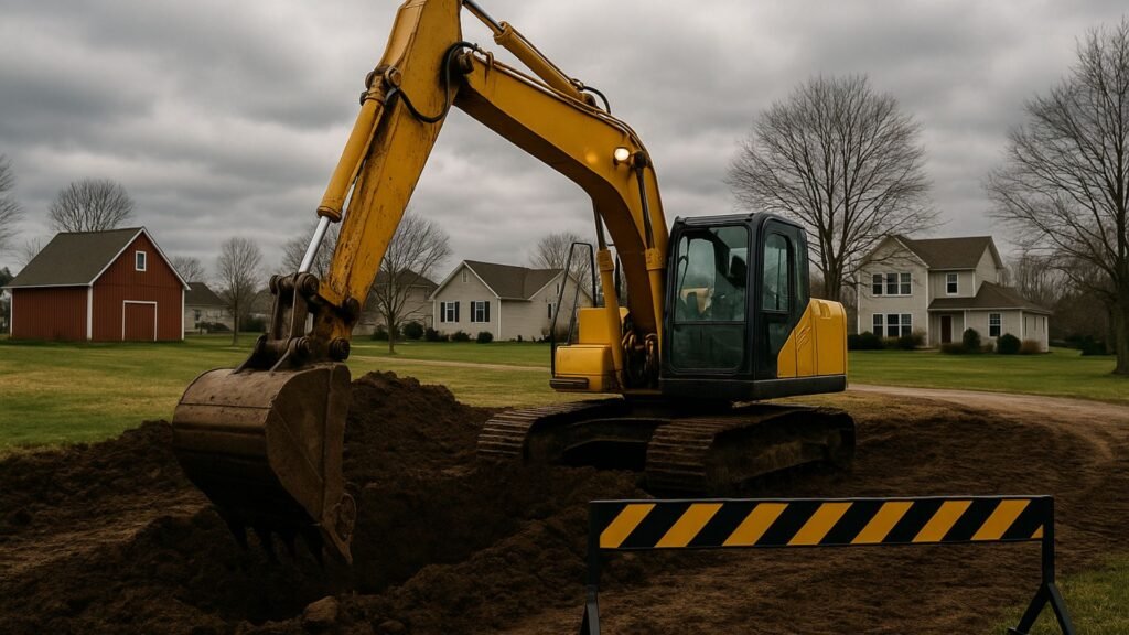 Yellow excavator in front yard with safety barrier, houses and overcast sky in background