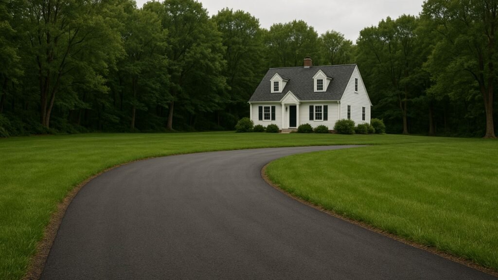 Reverse-curved asphalt driveway leading toward cape-style CT home