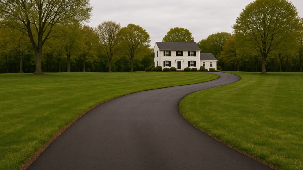 S-curve driveway across lawn toward CT farmhouse