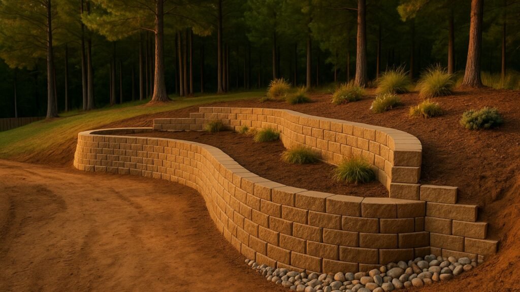 Curved tan interlocking block retaining wall supporting newly graded terrain