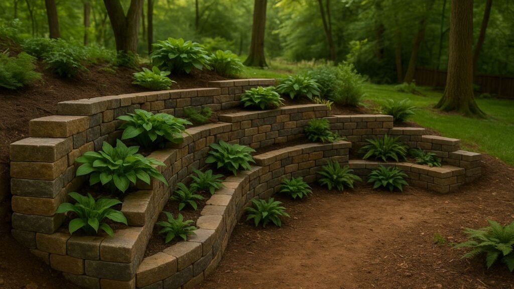 Curved retaining wall with built-in planters containing hostas and ferns in woodland setting