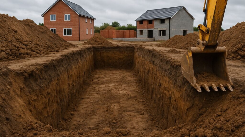 Deep rectangular foundation trench with steep walls at residential building site