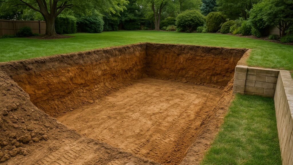 Deep rectangular pool excavation showing soil layers in Connecticut residential backyard