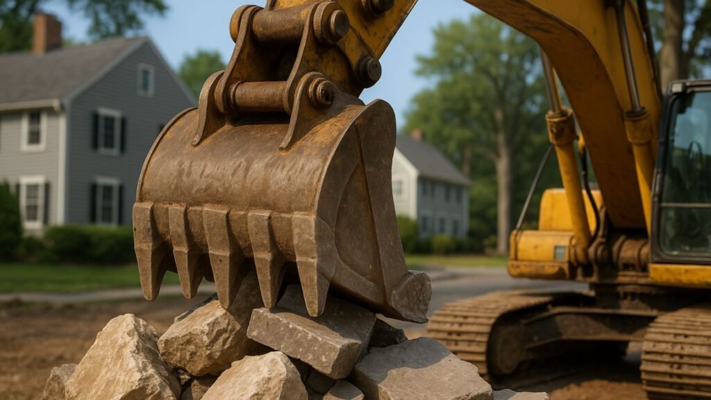 Excavator bucket gripping limestone and concrete at a Connecticut backyard