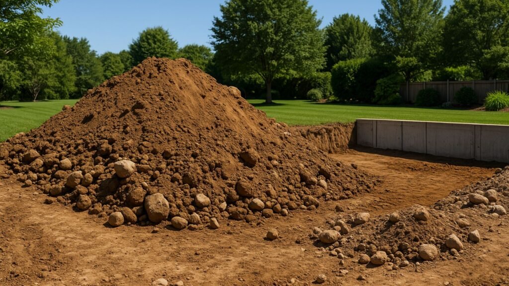 Large pile of excavated brown soil and rocks from Connecticut residential construction site