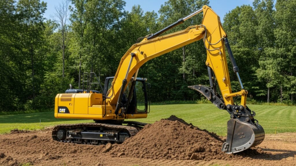 Excavator moving dirt pile during construction work in Prospect Connecticut
