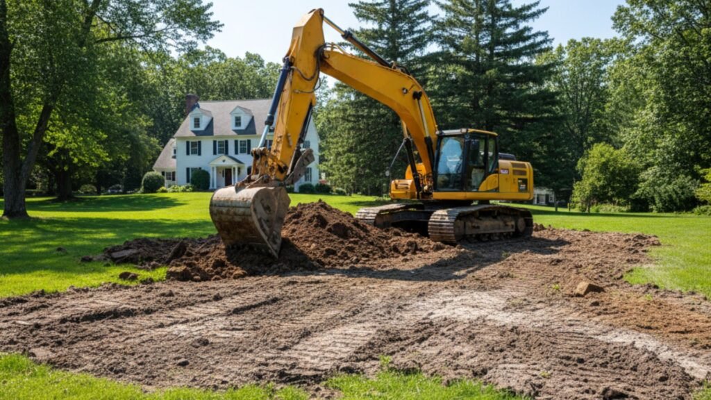 Excavator moving dirt pile during construction work in Wolcott Connecticut