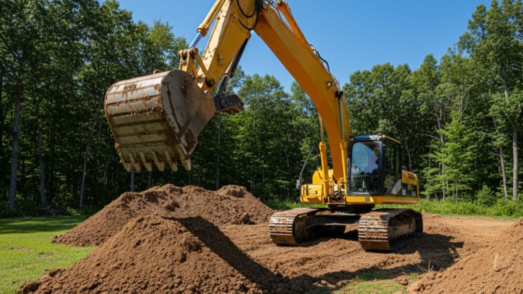 Excavator moving dirt pile during construction work in Naugatuck Connecticut