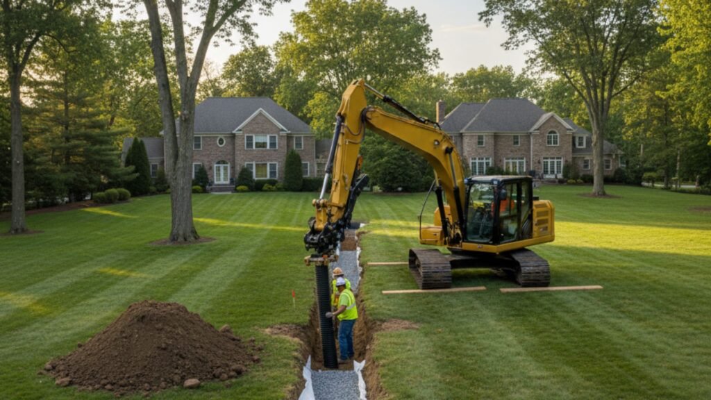 Excavator installing drainage system at residential property while preserving existing landscaping