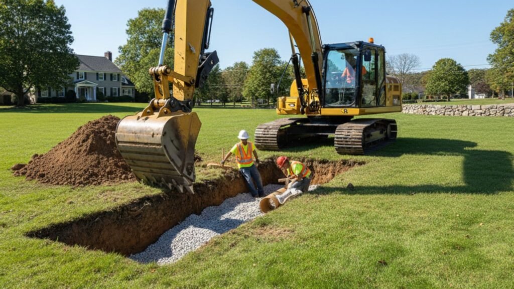 Professional excavator performing Drainage system installation at residential Connecticut property