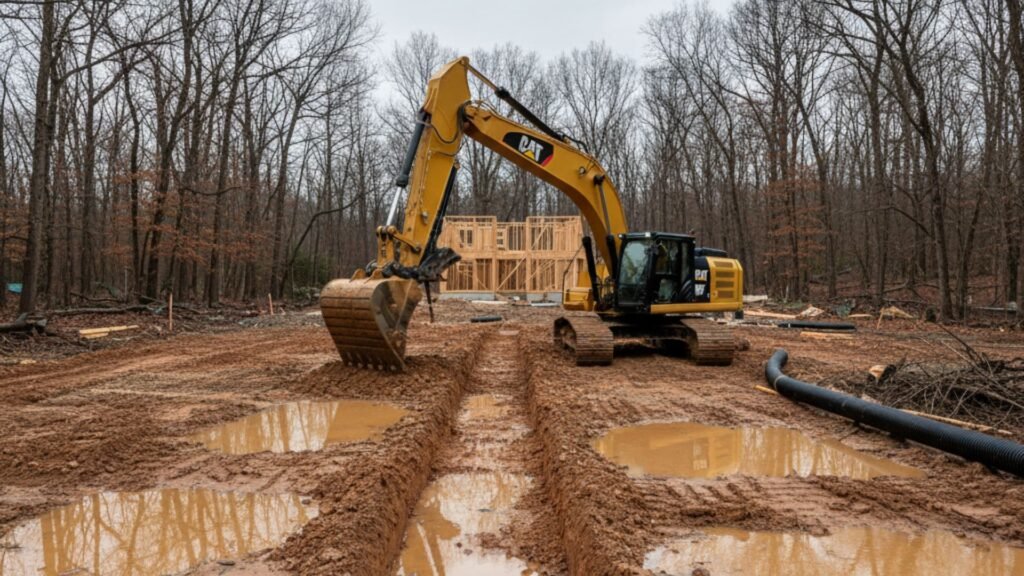 CAT excavator installing drainage system in Monroe CT residential property with professional service