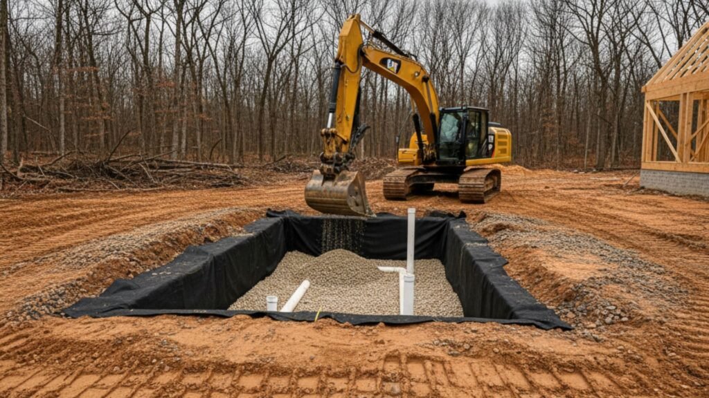 CAT excavator installing drainage system in Monroe CT with professional residential excavation