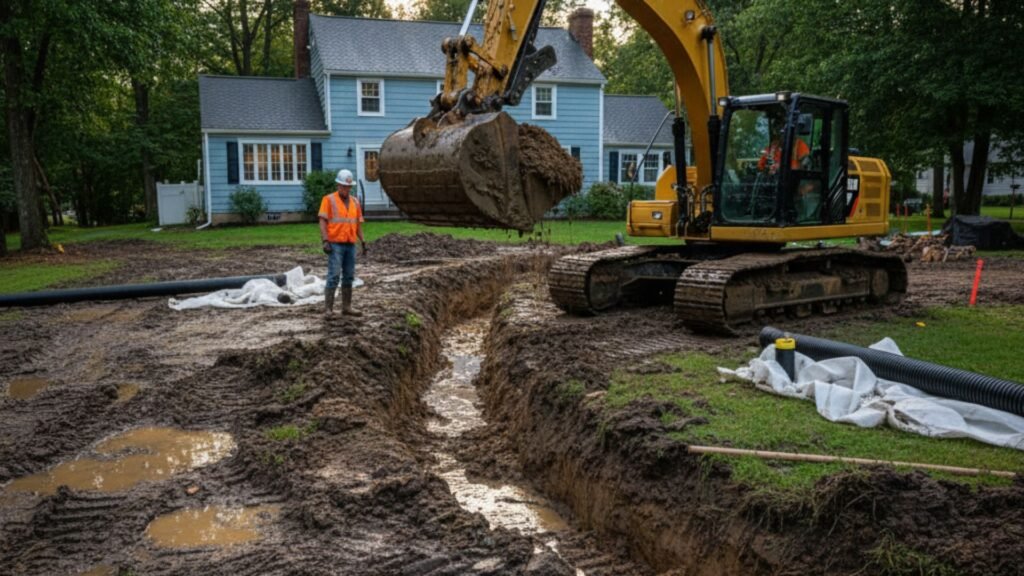 Excavator creating drainage trenches in muddy residential construction site
