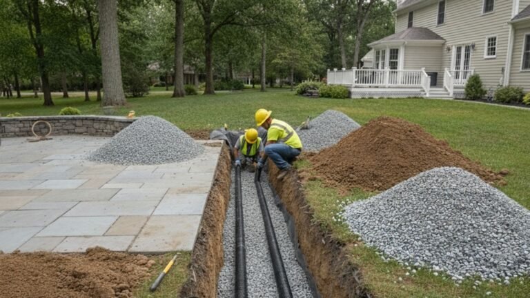 Construction worker installing French drain with perforated pipes in residential backyard trench