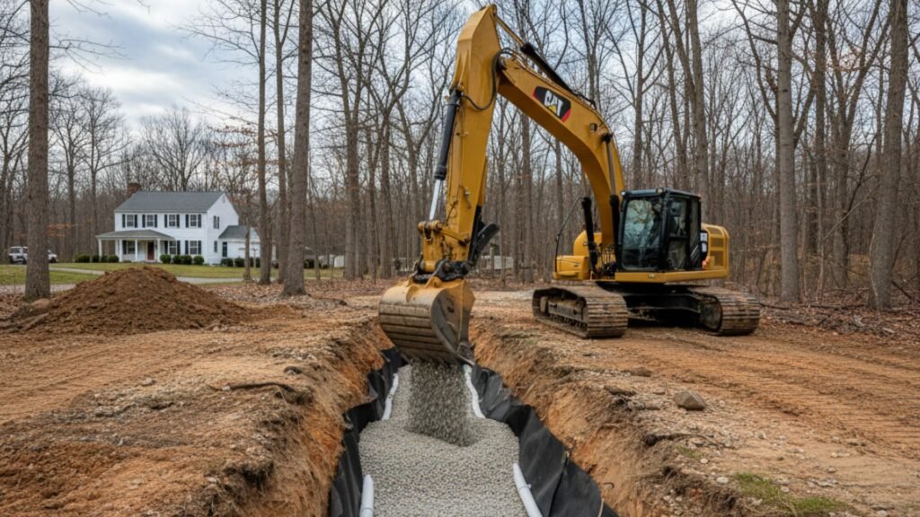 Excavator performing drainage system excavation work on residential property in Monroe CT