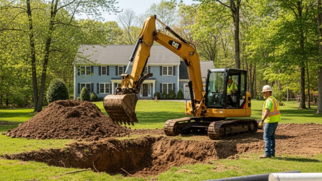 Excavator preparing drainage system installation in residential backyard
