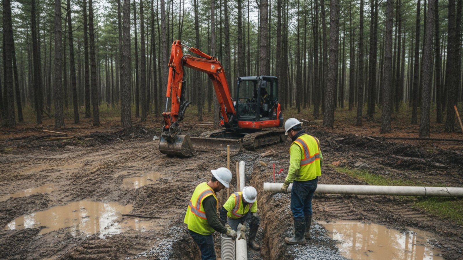Driveway culvert drainage installation with Kubota equipment in Connecticut pine forest