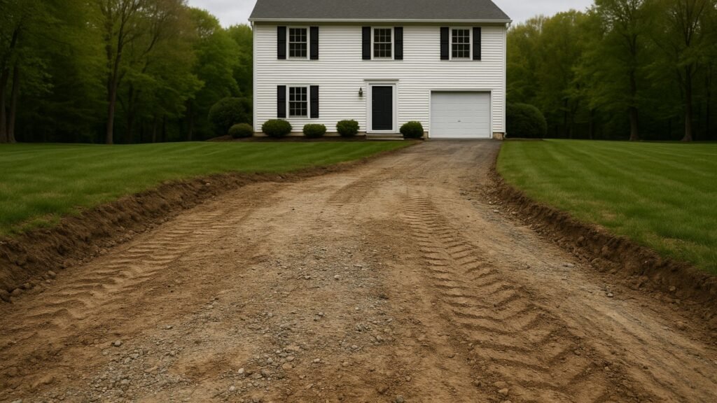 Excavated driveway site with exposed dirt and gravel base preparation for paving in Connecticut