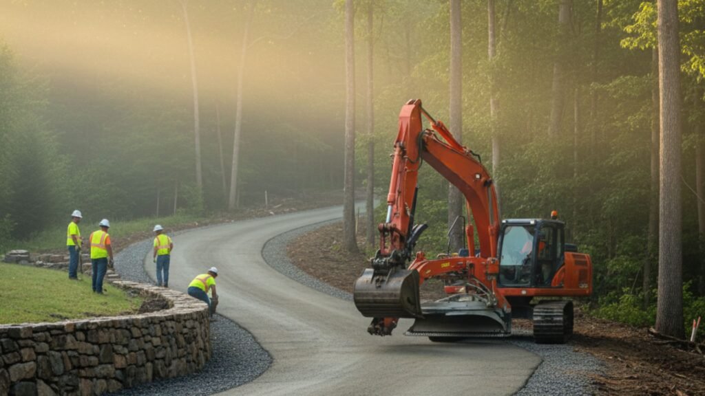 Red excavator grading new driveway with stone retaining wall construction in Connecticut woods