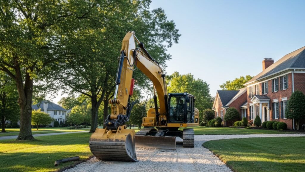 Professional excavator grading driveway at residential Connecticut property for site preparation