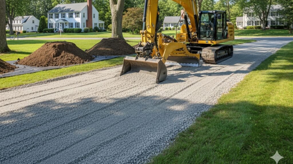 Professional excavator grading driveway at residential Connecticut property for site preparation
