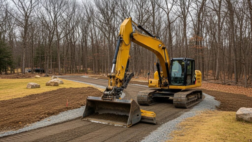 CAT excavator grading new driveway surface for Roxbury CT residential property