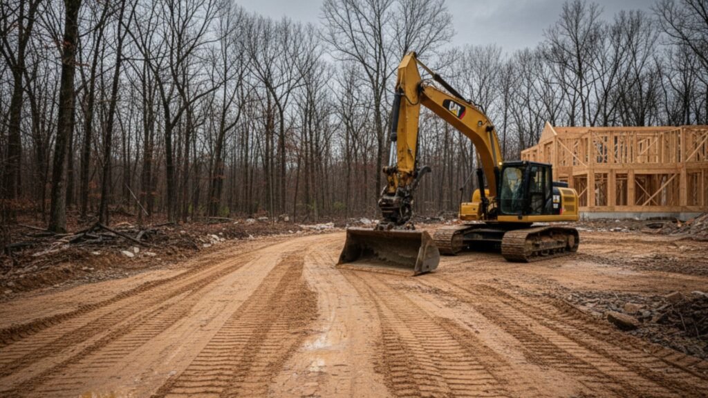 Professional excavator grading residential driveway in Monroe CT with expert excavation services