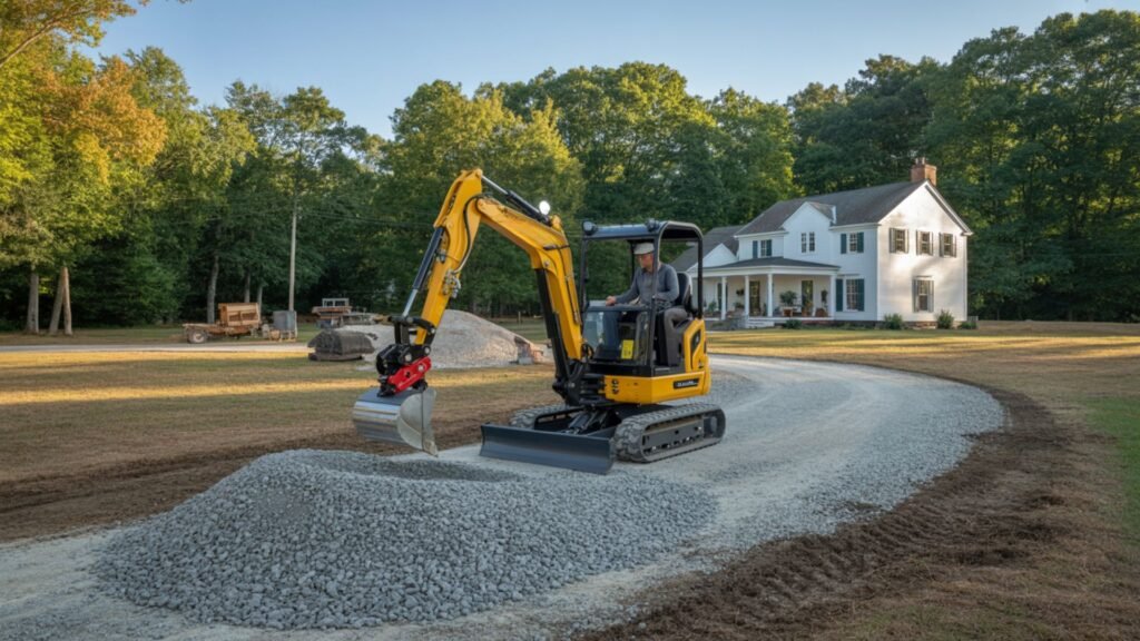 Yellow excavator performing driveway grading work at white farmhouse in Connecticut