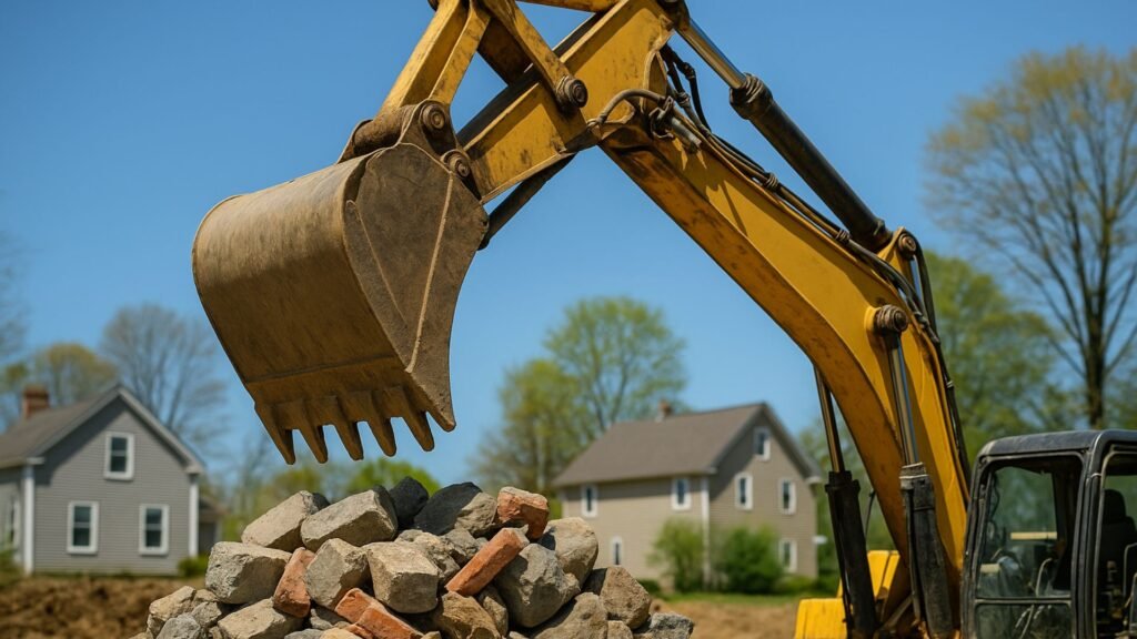 Excavator bucket loaded with concrete blocks and stone debris in Connecticut