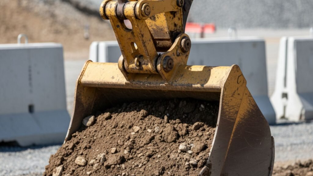 Excavator bucket loaded with soil and rocks, hydraulic pistons operating at construction site
