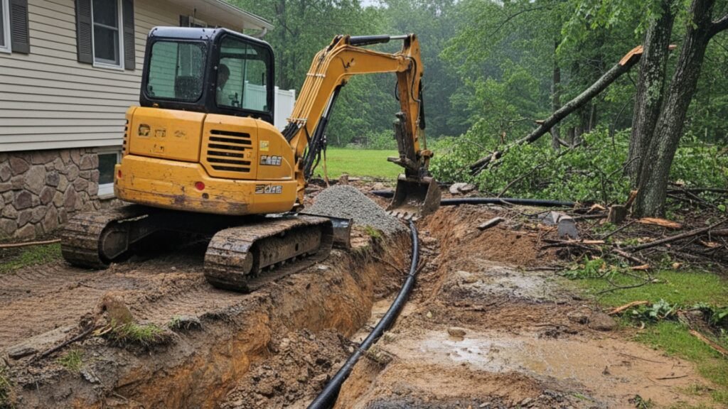 Emergency storm drainage repair excavation at ranch home Bridgewater Connecticut