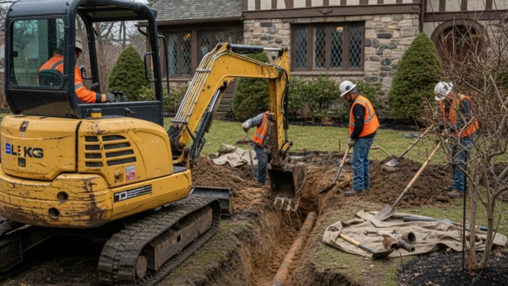 Emergency excavator repairing water main break on residential street in Ansonia Connecticut