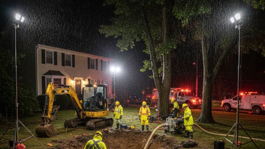 Emergency excavation crew working at night with floodlights at flooded residential site