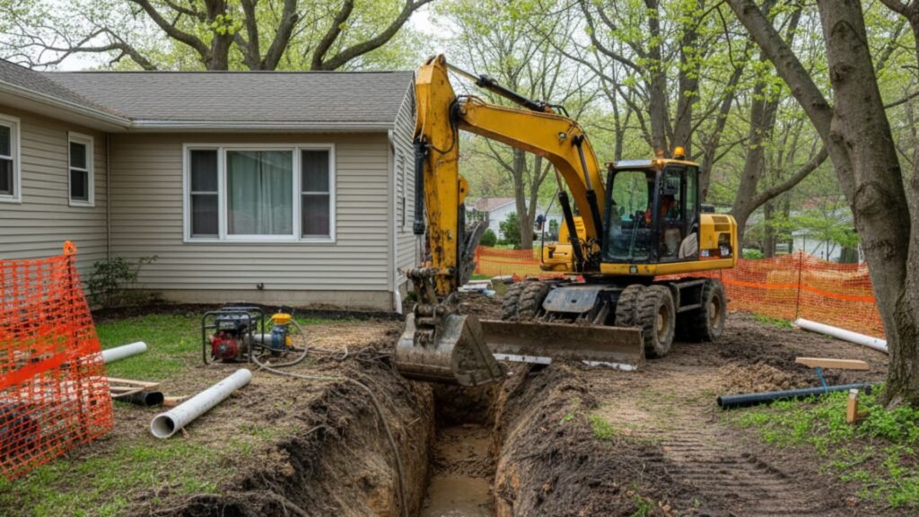 Emergency excavation repair for water line break in Woodbridge CT residential area