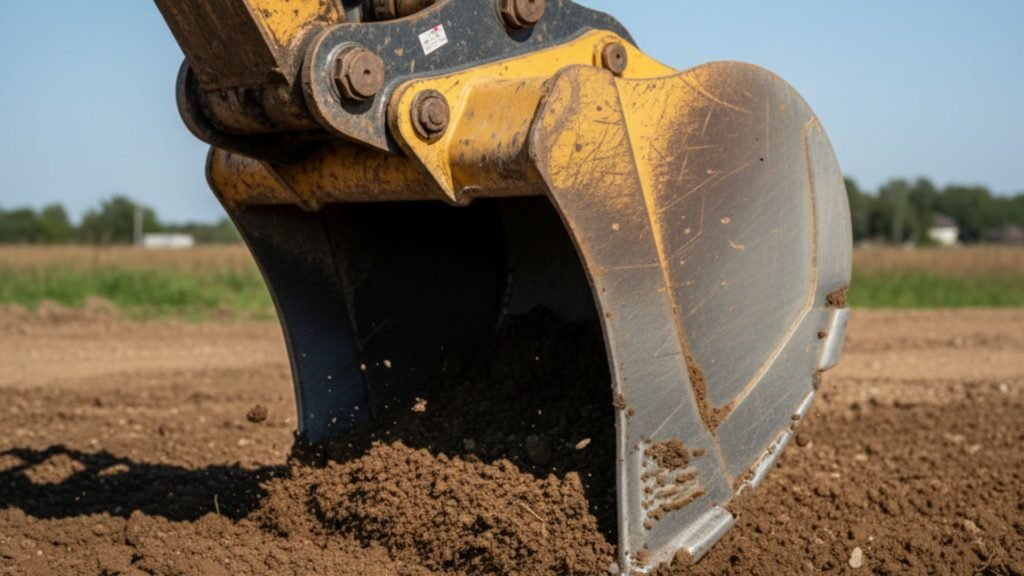 Close-up of excavator bucket digging into soil during excavation work in Oakville Connecticut