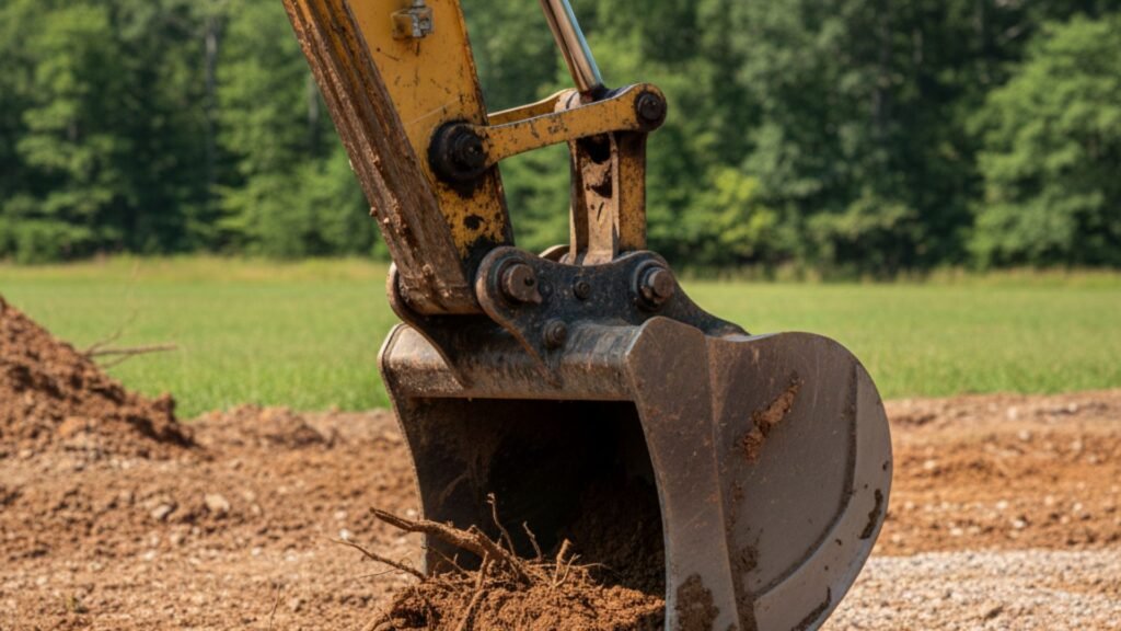 Close-up of excavator bucket digging into soil during excavation work in Prospect Connecticut