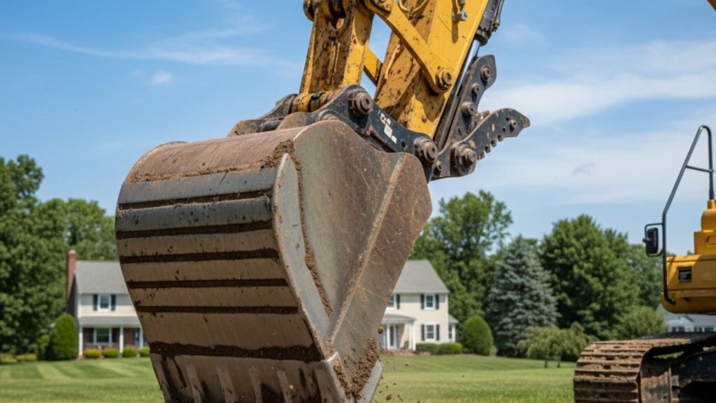Close-up of excavator bucket digging into soil during excavation work in Wolcott Connecticut