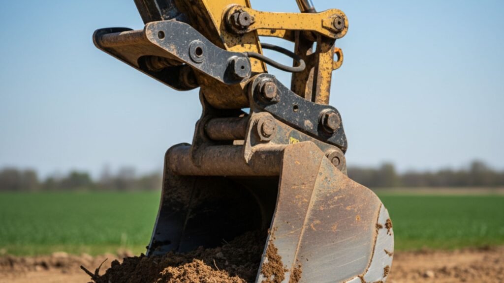 Close-up of excavator bucket digging into soil during excavation work in Naugatuck Connecticut
