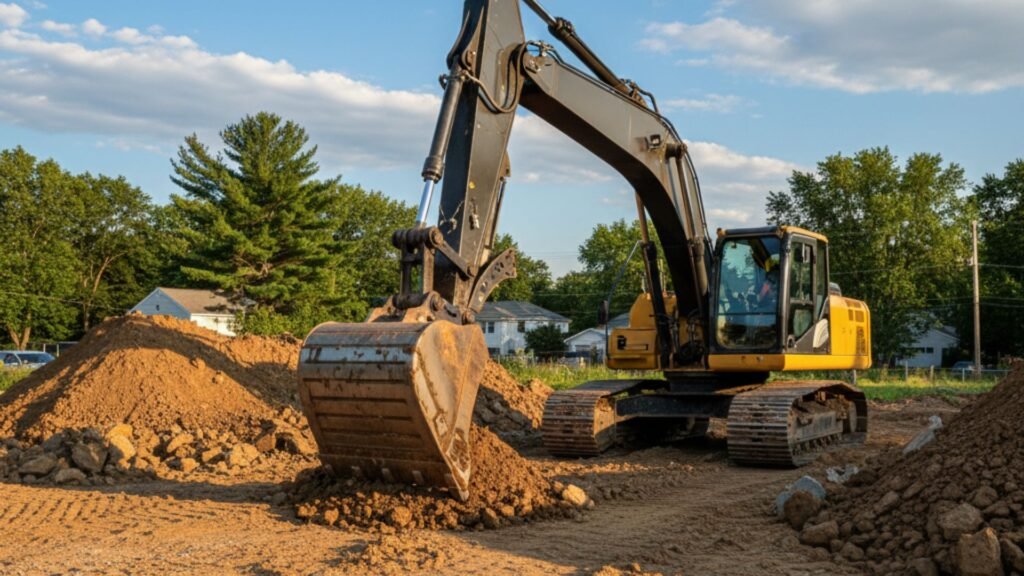 Yellow excavator with dirt-filled bucket at construction site in Oakville Connecticut