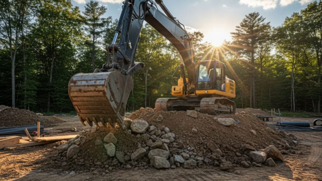 Yellow excavator with dirt-filled bucket at construction site in Prospect Connecticut