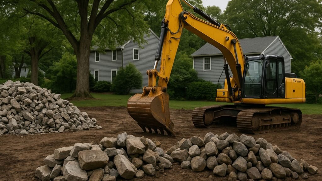 Yellow excavator next to separated concrete and stone piles in a CT neighborhood