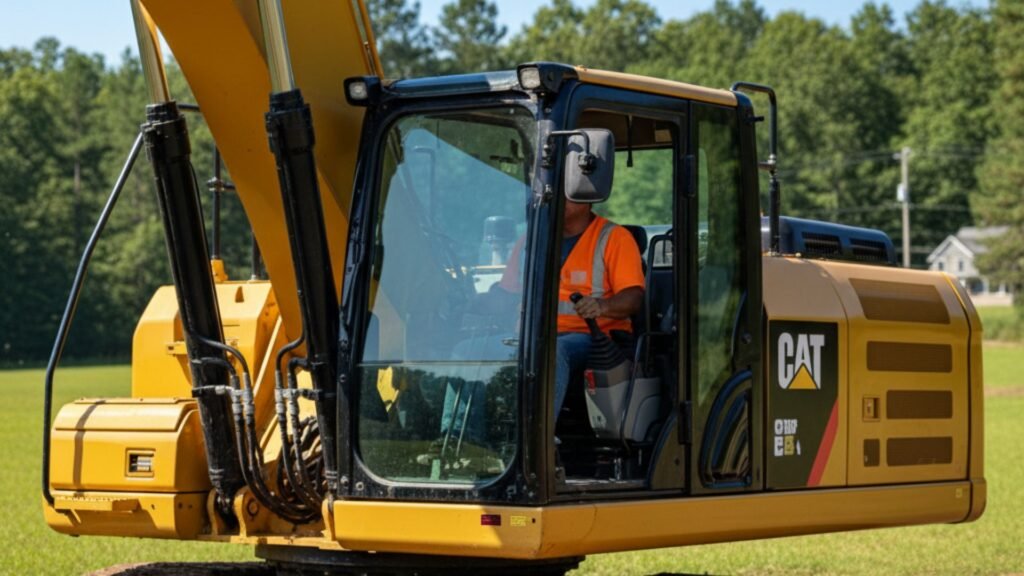 Detailed view of excavator operator cab and machinery components in Oakville Connecticut