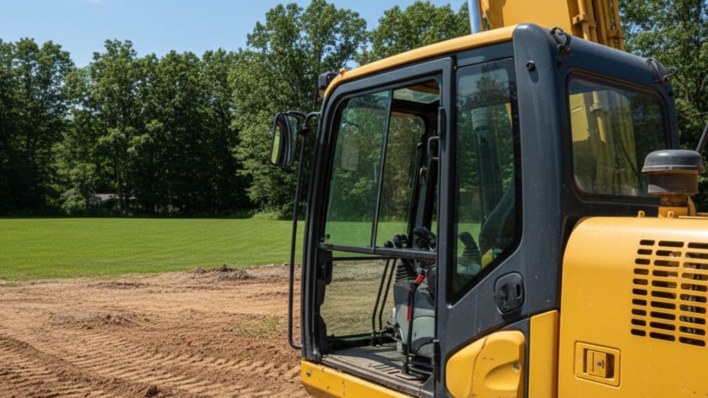Detailed view of excavator operator cab and machinery components in Prospect Connecticut