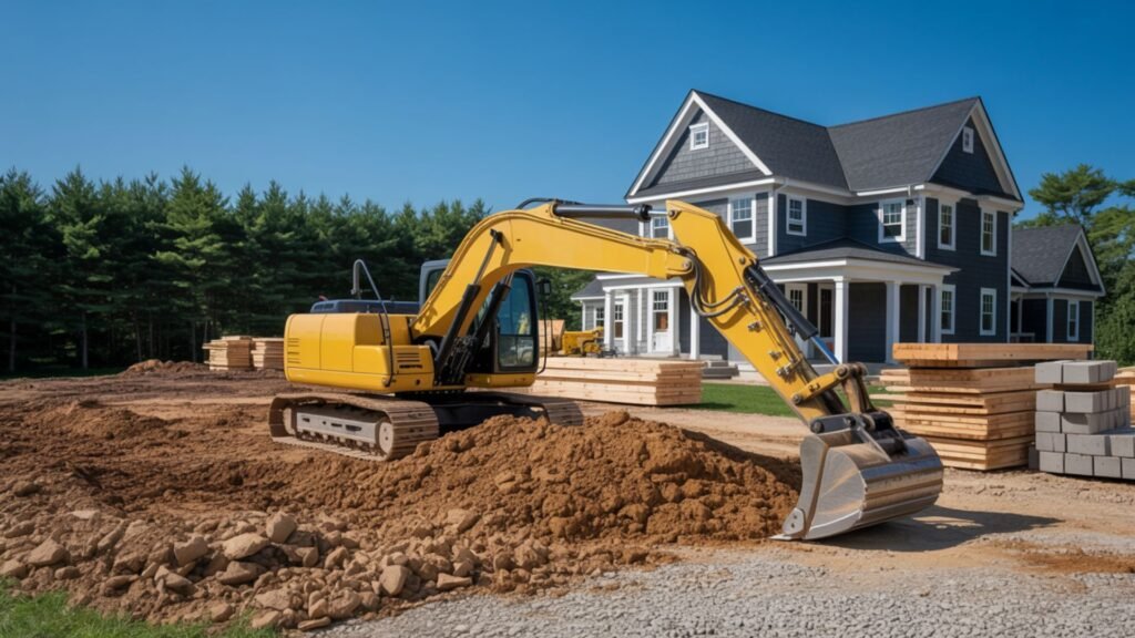Yellow excavator grading soil in front of a new gray colonial-style house on a residential construction site