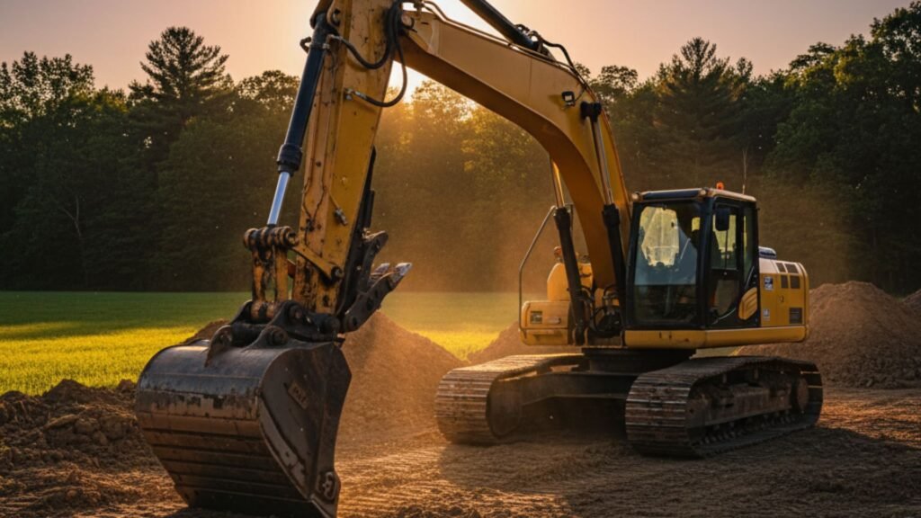 Excavator machinery positioned on brown soil construction site in Prospect Connecticut