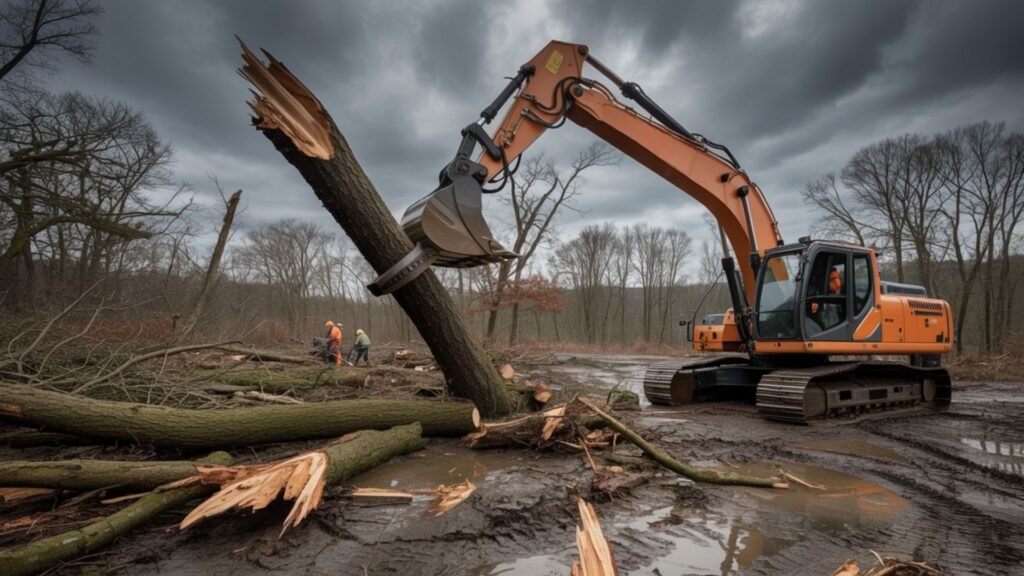 Excavator clearing storm-damaged trees and debris in Connecticut after severe weather