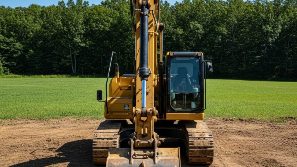 Excavator in resting position with retracted arm on construction site in Naugatuck Connecticut