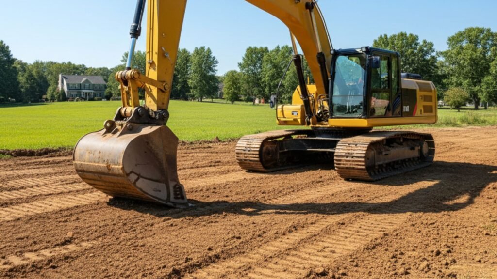 Excavator in resting position with retracted arm on construction site in Oakville Connecticut