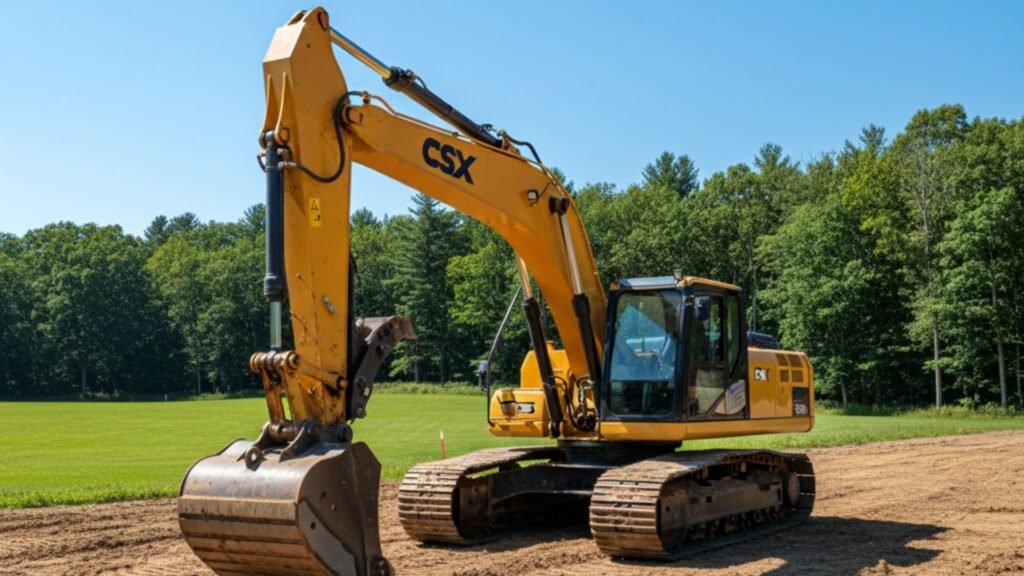 Excavator in resting position with retracted arm on construction site in Prospect Connecticut